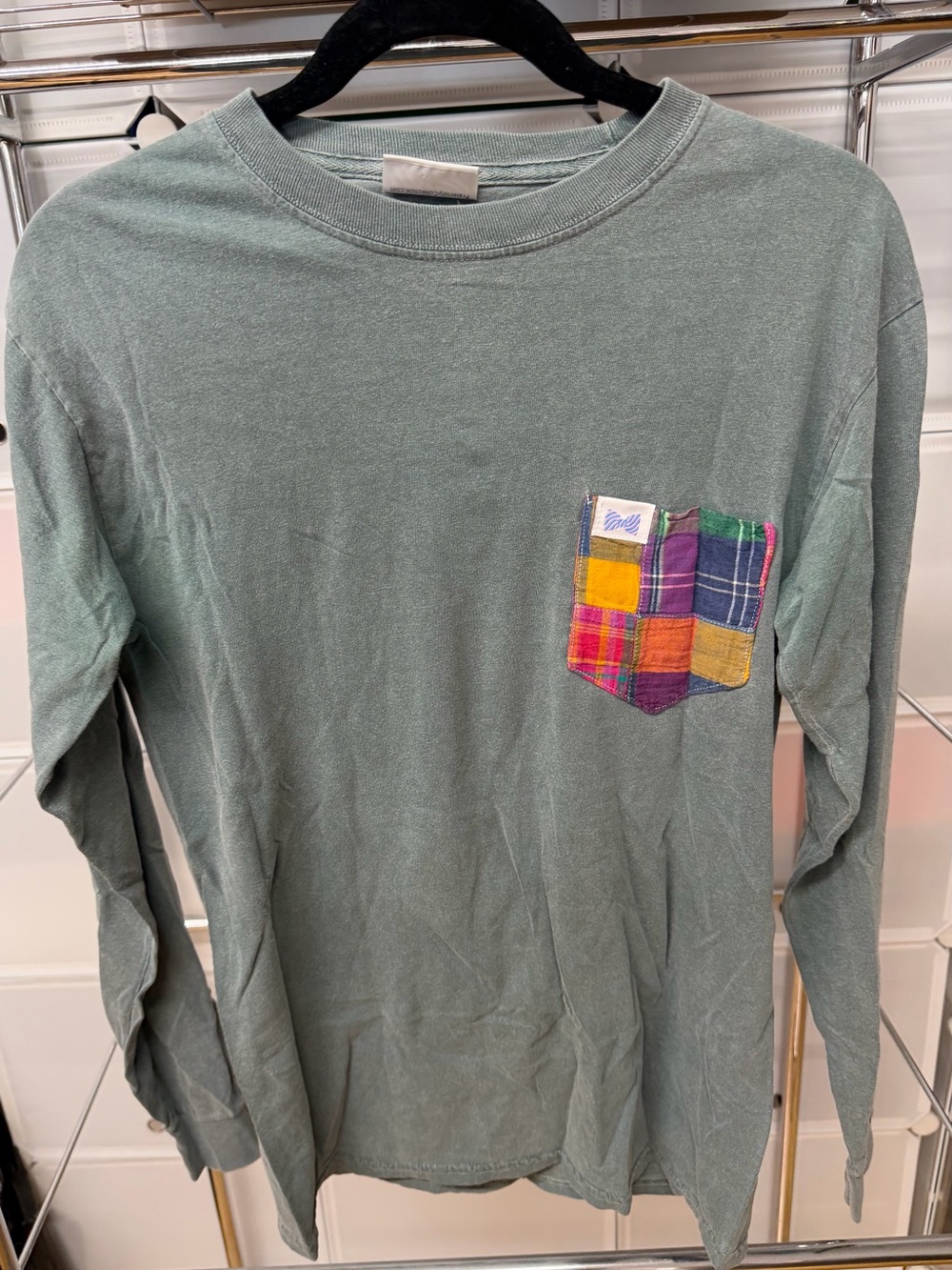 Fraternity Collection Long-Sleeve Tee with Multicolor Plaid Pocket - Sage Green